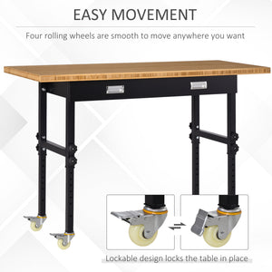 English Elm HOMCOM 59" Work Bench with Bamboo Top, Height Adjustable 10-Setting Mobile Workstation 1320lb W2225P217940