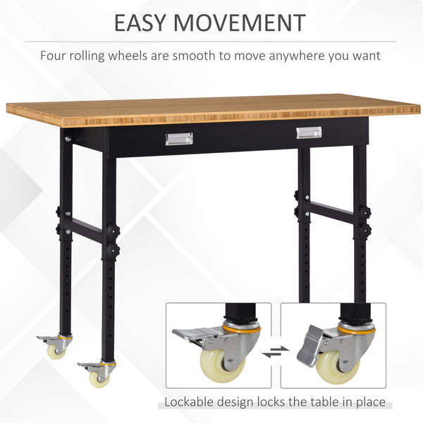 English Elm HOMCOM 59" Work Bench with Bamboo Top, Height Adjustable 10-Setting Mobile Workstation 1320lb W2225P217940