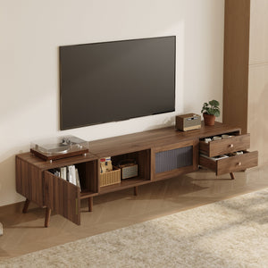 English Elm 76" Modern Minimal TV Stand with Waveform Glass Doors, Soft-Close Drawers, Cable Management, Solid Wood Legs (Fits TVs up to 85") N710P298234P