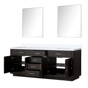 English Elm Black Oak Double Bath Vanity Set - 84" W X 22" D With White Quartz Top & 36" Frameless Mirrors B2731S02147