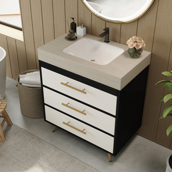 English Elm Modern Freestanding Bathroom Vanity Sintered Stone Top Ceramic Sink Gold Legs W3136S00048