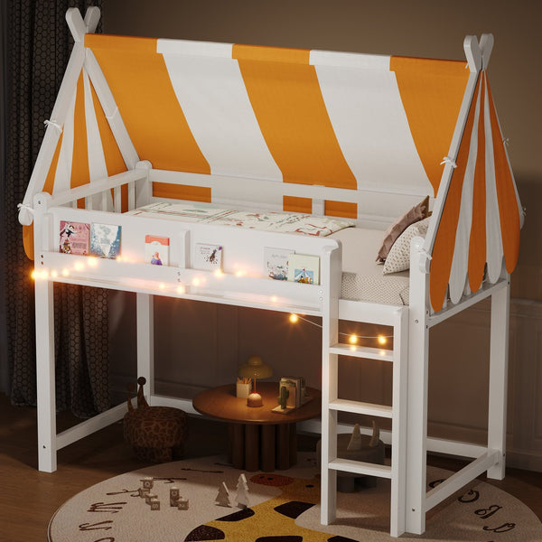 English Elm Twin Solid Wood Loft Bed with Led Lights Canopy Bookshelf for Kids Bedroom White N7090002241K