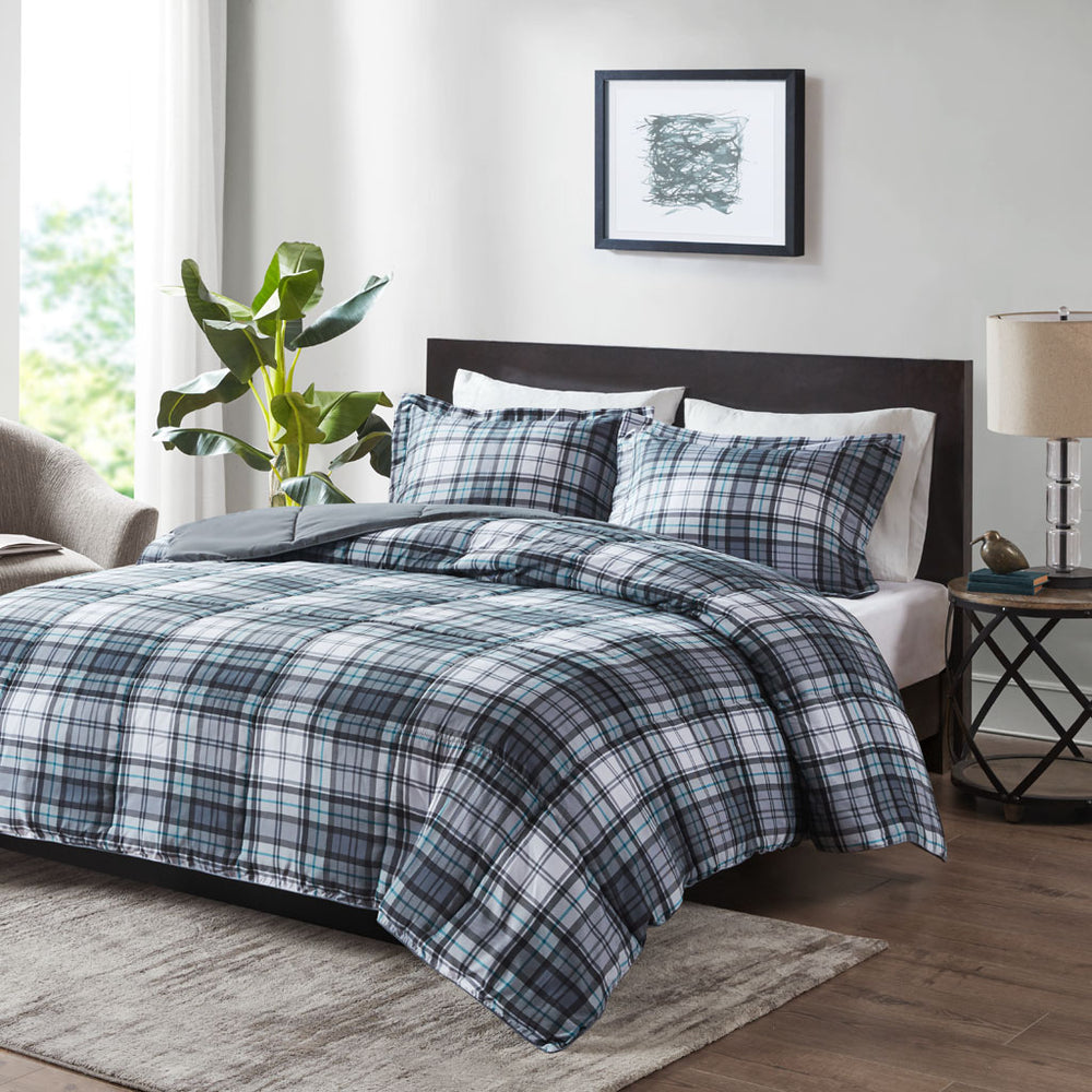 JLA Home Madison Park Essentials - 3M Plush Plaid All-Season Comforter Set with Scotchgard Moisture Wicking, OEKO-TEX Antimicrobial Protection Grey MPE10-600