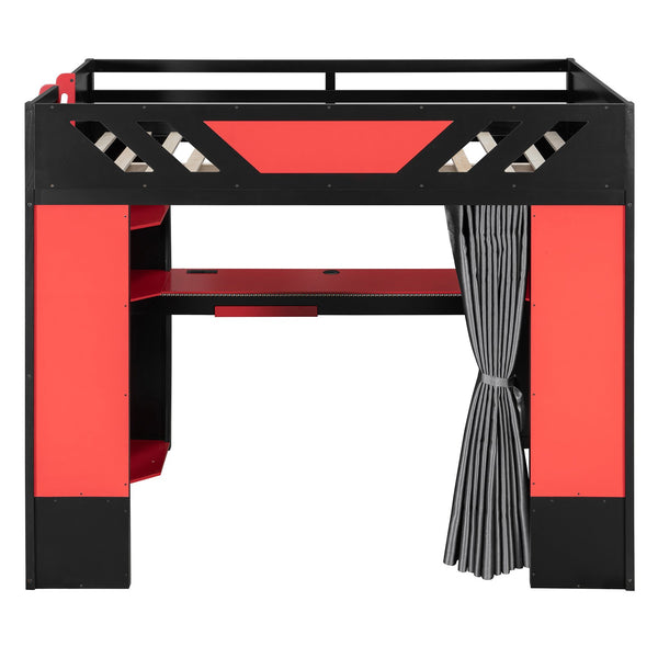 English Elm Full Size Loft Bed with Desk Blackout Curtains Rgb Lighting and Integrated Storage Black+Red LT000377AAJ