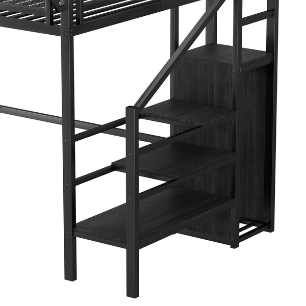English Elm Twin Twin Size Loft Bed with Stairs and Built-In Shelves, Metal High Loft with Wardrobe for Kids Teens Black W2580S00035