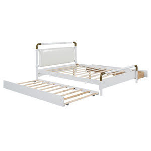 English Elm Queen Upholstered Platform Bed with Trundle & 2 Large Drawers, Padded Headboard, White/Walnut Elegance SF000190AAK
