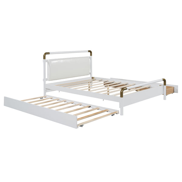 English Elm Queen Upholstered Platform Bed with Trundle & 2 Large Drawers, Padded Headboard, White/Walnut Elegance SF000190AAK