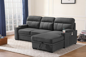 English Elm Kael Microfiber Sleeper Sectional with Chaise Storage Arms and Built-in Cupholders Gray B2749S00187