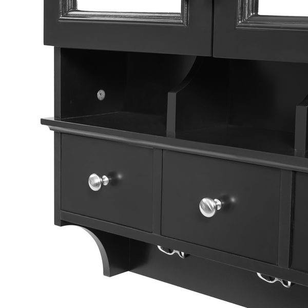 English Elm 4-in-1 Wall Mounted Bathroom Cabinet with Mirror Drawers and Towel Hooks Vanity Black N710P405416B