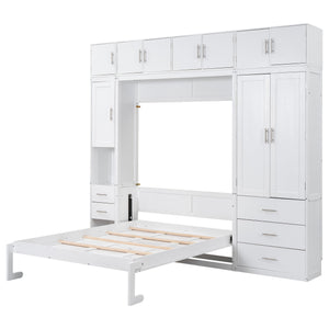 English Elm Full Full Size Murphy Bed with Lockers & Wardrobes in White — Space-Saving Foldaway Cabinet, Shelves, Drawers, Installation Video Included GX000392AAK