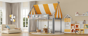 English Elm Full Size Solid Wood Loft Bed with Canopy Led Lighting and Integrated Bookshelf Gray N7090002242E