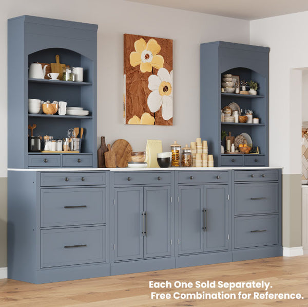 English Elm [Assembly Modern Freestanding Kitchen Pantry with Faux Marble Top, Set of 2 Cabinets with Drawer, Adjustable Shelves, Sleek Durable Design for Dining Room and Coffee Bar Gray SP000074AAE