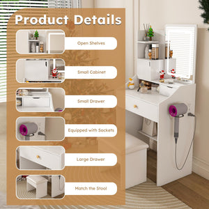 English Elm 3-color Led Vanity Table with Stool Drawers and Built-in Power Hub for Bedroom White W2700P457870