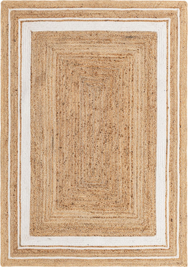 Unique Loom Braided Jute Gujarat Hand Woven Border Rug Natural and White, Ivory 5' 1" x 8' 0"
