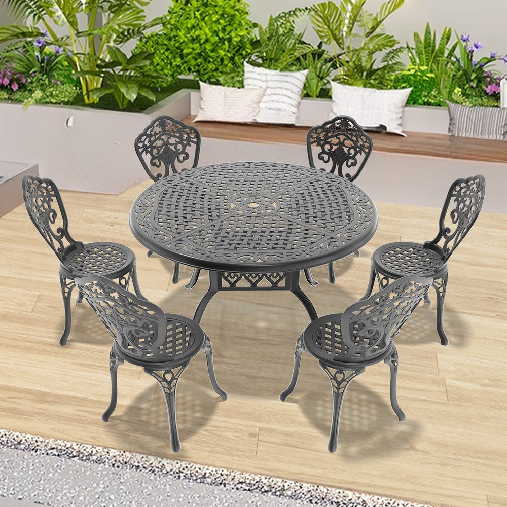 English Elm 7-Piece All-Weather Cast Aluminum Dining Set With Black Frame For Stylish Outdoor Gatherings W1710S00230