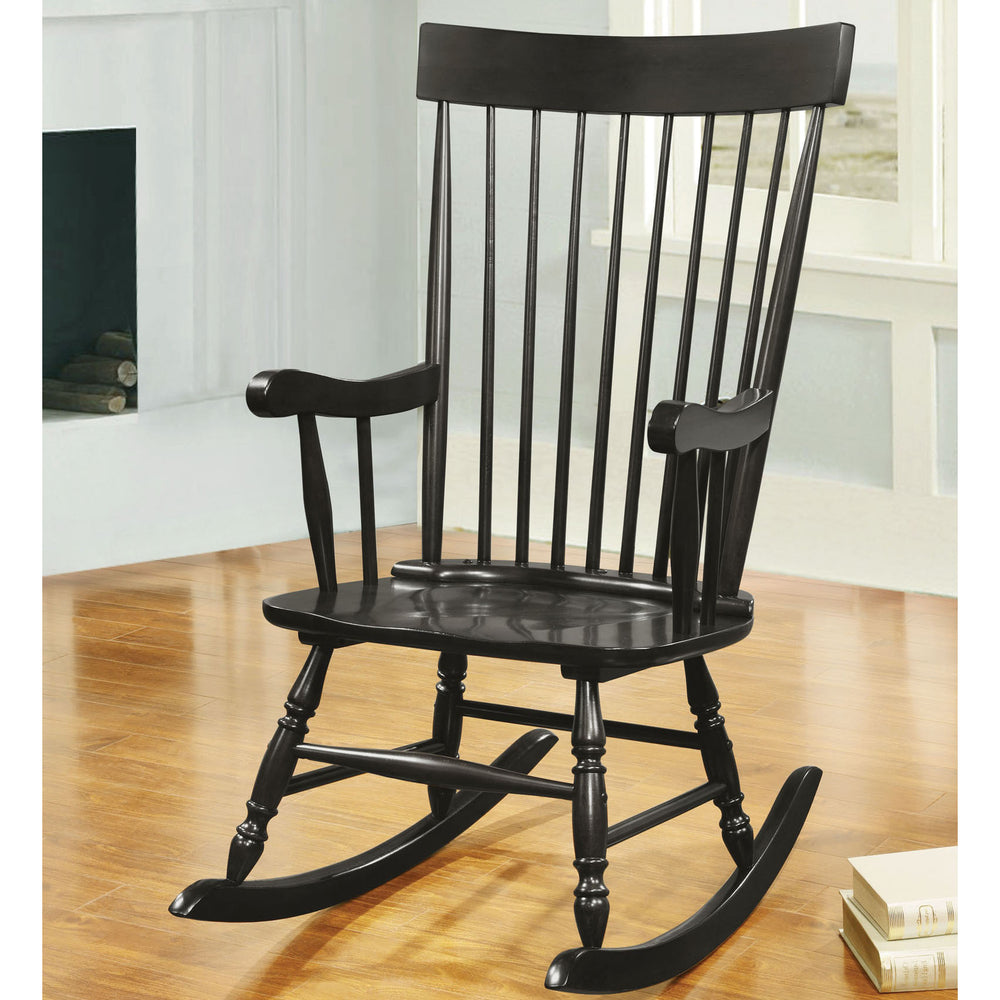 English Elm Black Spindle Back Rocking Chair with Timeless Black Finish, Handcrafted Rubberwood Comfort and Elegance B062P186523