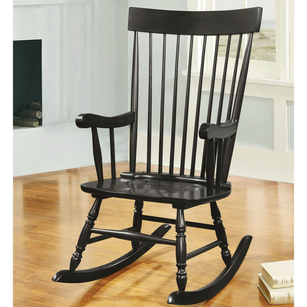 English Elm Black Spindle Back Rocking Chair with Timeless Black Finish, Handcrafted Rubberwood Comfort and Elegance B062P186523