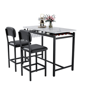 English Elm Kitchen Bar Table Set for 2 with Padded PU Chairs, Rustic Black & Grey 3-Piece High Dining Set, Sturdy Steel Frame, Space-Saving for Apartments W578P150069