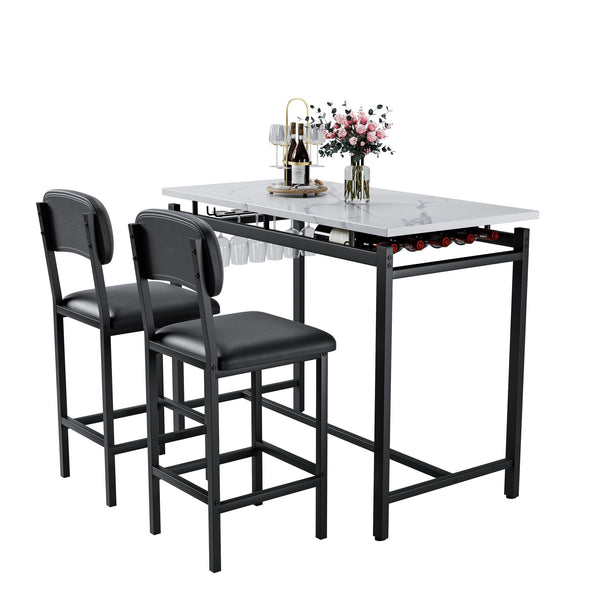 English Elm Kitchen Bar Table Set for 2 with Padded PU Chairs, Rustic Black & Grey 3-Piece High Dining Set, Sturdy Steel Frame, Space-Saving for Apartments W578P150069