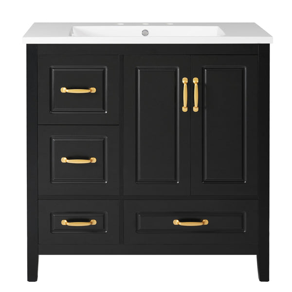 English Elm Christopher Knight Home® - 36" Freestanding Bathroom Vanity with Resin Sink, Soft-Close Doors & Drawers, Gold Alloy Handles, Spacious Storage and Easy Plumbing Access Black N759P292552B