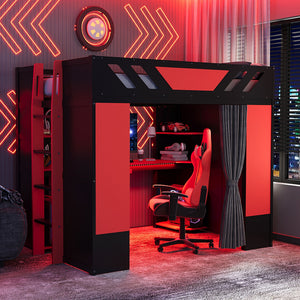 English Elm Full Size Loft Bed with Desk Blackout Curtains Rgb Lighting and Integrated Storage Black+Red LT000377AAJ