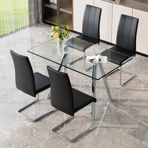 English Elm Tempered Glass Four Seat Dining Set with Chrome Sled Chairs for Modern Compact Spaces Black,Silver W3875S00044
