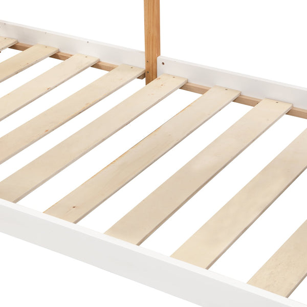 English Elm Twin Over Solid Pine House Bunk Bed with Blackboard Storage Staircase W495S00012