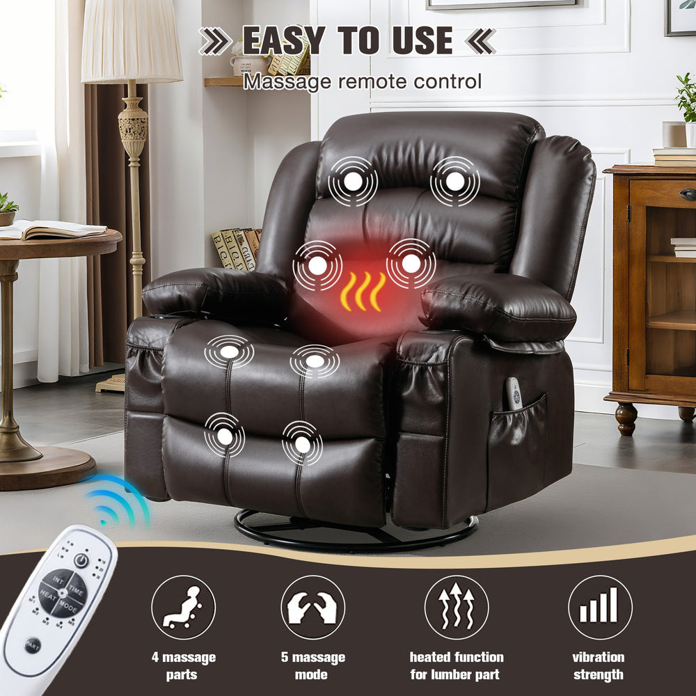 English Elm Massage Swivel Rocker Recliner with Heat Vibration, 360° Rotate, 155° Recline, USB Port, Brown W1521130741