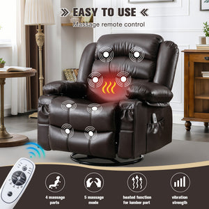 English Elm Massage Swivel Rocker Recliner with Heat Vibration, 360° Rotate, 155° Recline, USB Port, Brown W1521130741