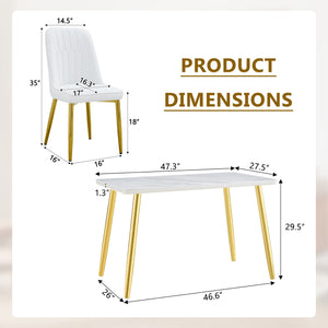 English Elm Table and Chair Set Marble Glass Top Gold Legs Pu Leather Seats Modern Dining White+Gold W1151S04635