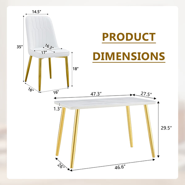 English Elm Table and Chair Set Marble Glass Top Gold Legs Pu Leather Seats Modern Dining White+Gold W1151S04635