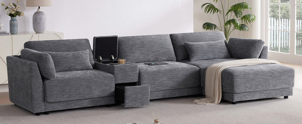 English Elm 124'' Modular Sectional Sofa: Reversible Chenille Couch With Storage, Ottoman & Usb Charger N723S9775E-GIGA