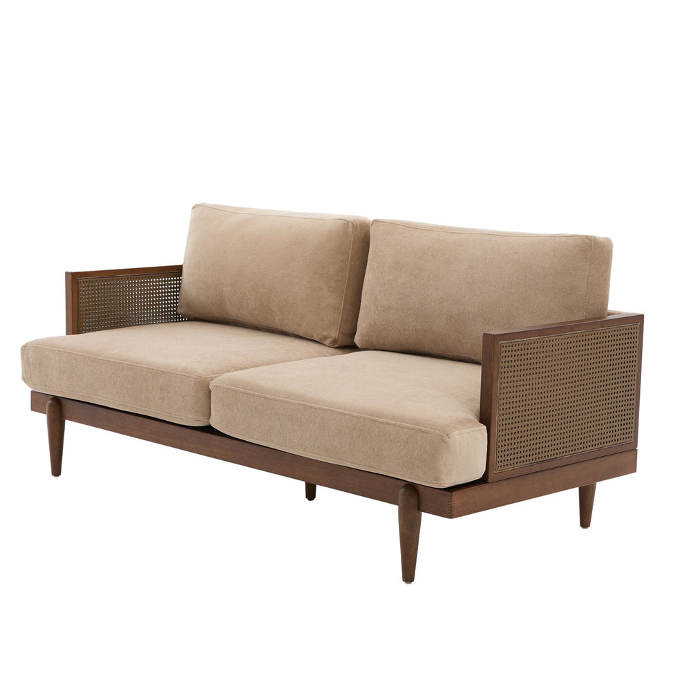 English Elm Emir Three Seat Boucle Sofa with Handwoven Cane Arms and Walnut Tapered Legs Camel N773P285909C