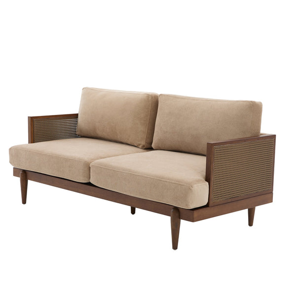 English Elm Emir Three Seat Boucle Sofa with Handwoven Cane Arms and Walnut Tapered Legs Camel N773P285909C