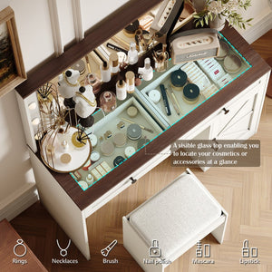 English Elm 43.4"Makeup Vanity Table with Large LED Mirror, Adjustable Brightness, 3 Drawers & Stool for Organized Glam Routine White W2386P199523