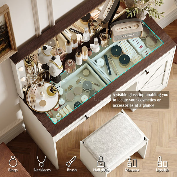 English Elm 43.4"Makeup Vanity Table with Large LED Mirror, Adjustable Brightness, 3 Drawers & Stool for Organized Glam Routine White W2386P199523