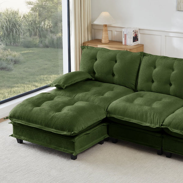 English Elm 107" U Shaped Chenille Sectional Cloud Sofa with Ottomans Deep Seat Modular Living Room Green W714S01730