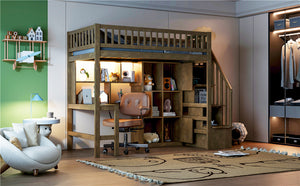 English Elm Wood Twin Loft Bed with Built-In L-Desk, LED Lighting, Staircase Storage, Shelves & Cabinets Walnut N7090000470D