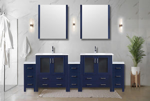 English Elm Navy Double Bath Vanity 96" W x 18.25" D with Side Cabinets, White Ceramic Top, Soft-Close Drawers and 28" Mirrors B2731S00608