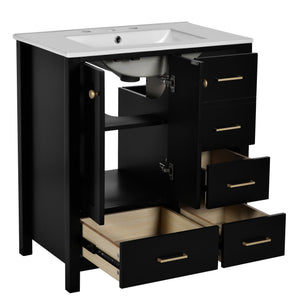English Elm 30'' Elegant Freestanding Bathroom Vanity With Ceramic Sink, Soft-Close Drawers & Timeless Black Finish N710P194420B