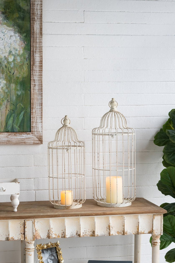 English Elm S/2 Victorian Iron Birdcage Lanterns Whitewashed Finial Tops Farmhouse Candle Holders W2078P495667
