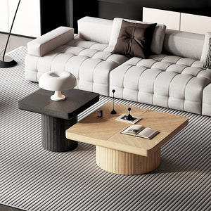 English Elm Modern Parquet Wood Nesting Coffee Tables Sculptural Fluted Pedestal Living Room Set Black+Natural W1435S00033