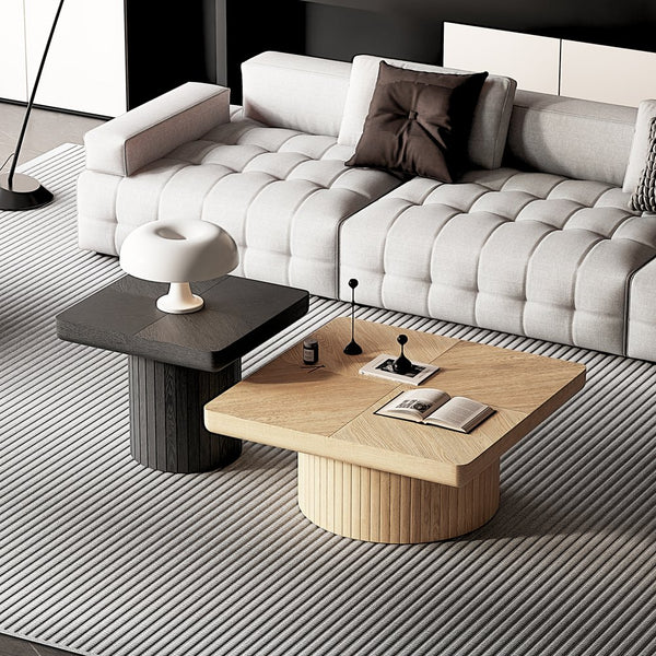 English Elm Modern Parquet Wood Nesting Coffee Tables Sculptural Fluted Pedestal Living Room Set Black+Natural W1435S00033