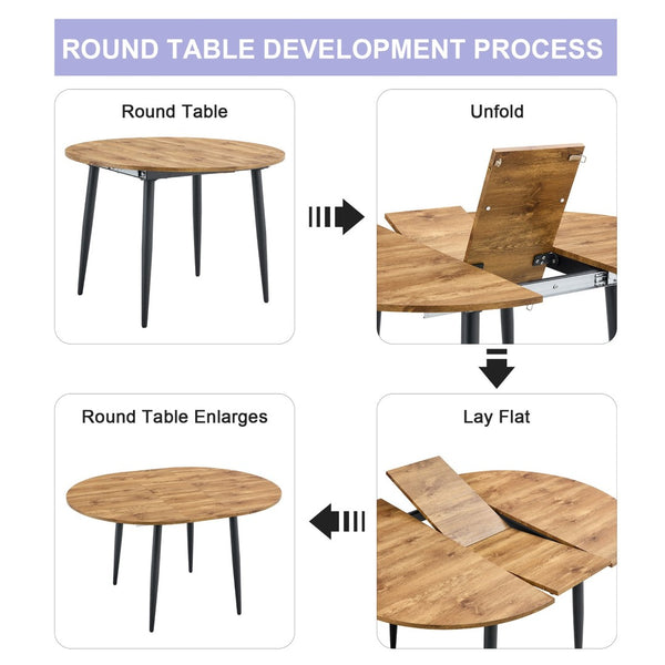 English Elm Table Expandable Dining Set – Modern Round-To-Oval Wood Mdf Table With 4 Pu Cushion Chairs & Metal Legs W1151S03936-GIGA