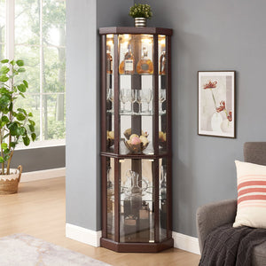 English Elm Corner Lighted Curio Cabinet with Mirrored Back Glass Shelves Classical Living Room Display Cherry W2275P194425