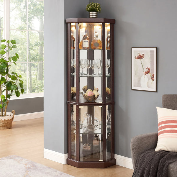 English Elm Corner Lighted Curio Cabinet with Mirrored Back Glass Shelves Classical Living Room Display Cherry W2275P194425