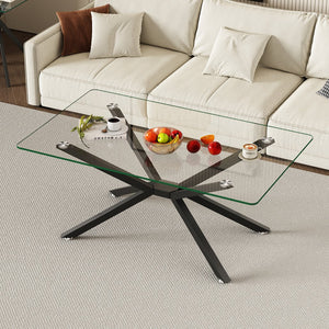 English Elm 39.37" Rectangular Clear Tempered Glass Coffee Table With Black Metal Legs For Modern Living Spaces W241P227952