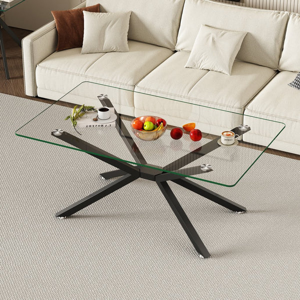 English Elm 39.37" Rectangular Clear Tempered Glass Coffee Table With Black Metal Legs For Modern Living Spaces W241P227952