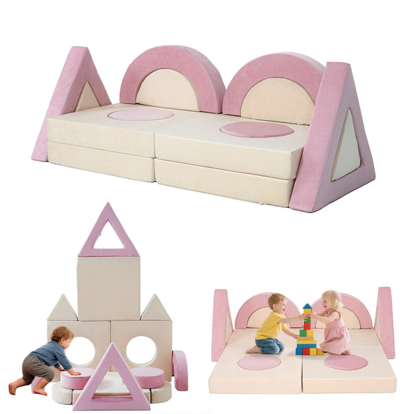 English Elm 14pcs Modular Foam Play Couch Set Convertible Toddler Fort Builder for Playrooms Pink+White T5880P493441