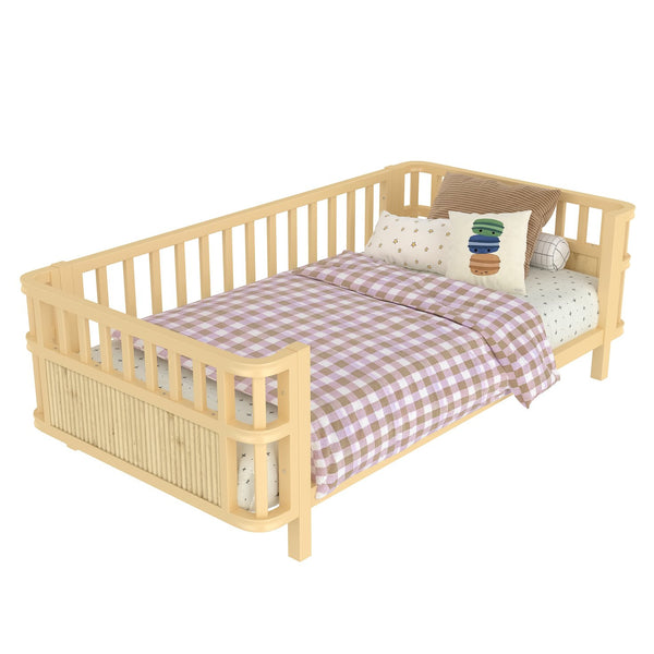 English Elm Twin Pine House Frame Floor Bed with Peaked Roof and Fence Guardrails for Kids Natural W1858P389994